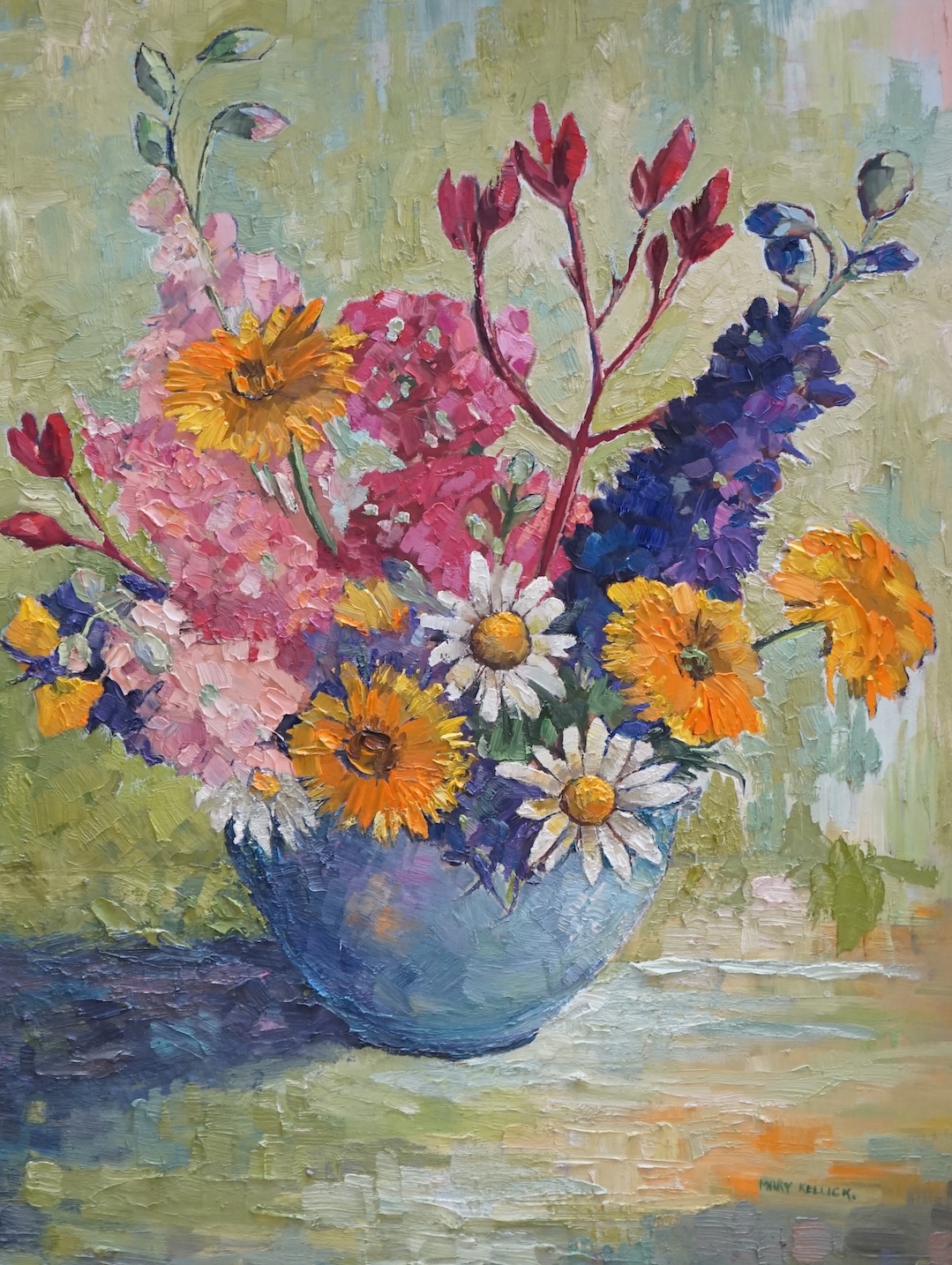 Mary Kellick, (Australian), 20th century oil on board, ‘Flower study’, signed, details verso, 49.5 x 37cm. Condition - good